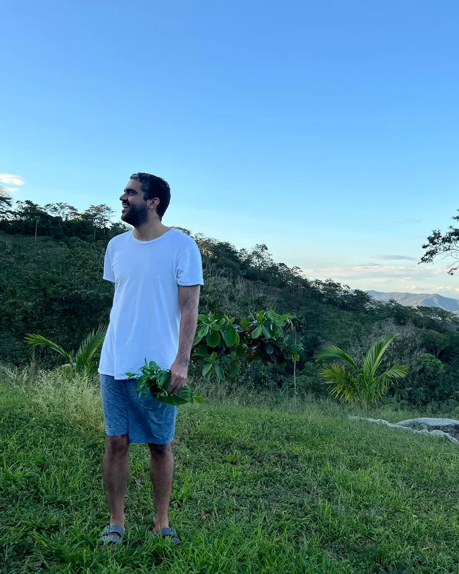 Man standing on a green hill, looking at the horizon